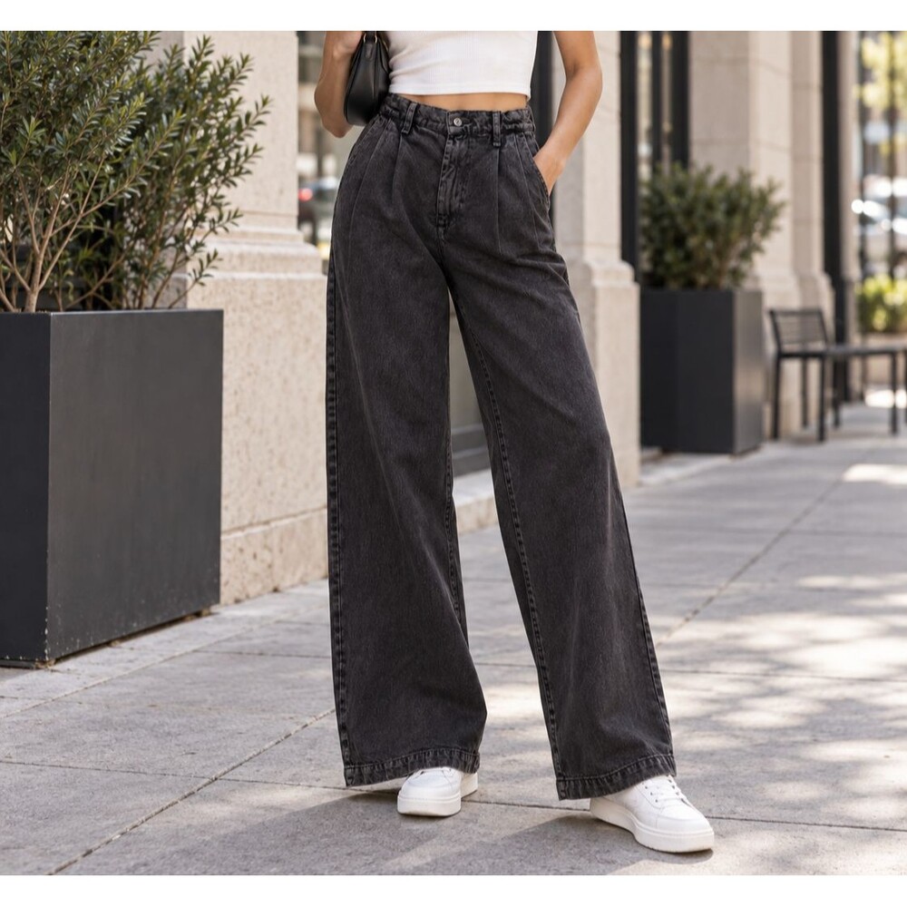 Free People Women's Denim Wide-leg Pants High-Rise Pull-On Solid Cotton S 290579